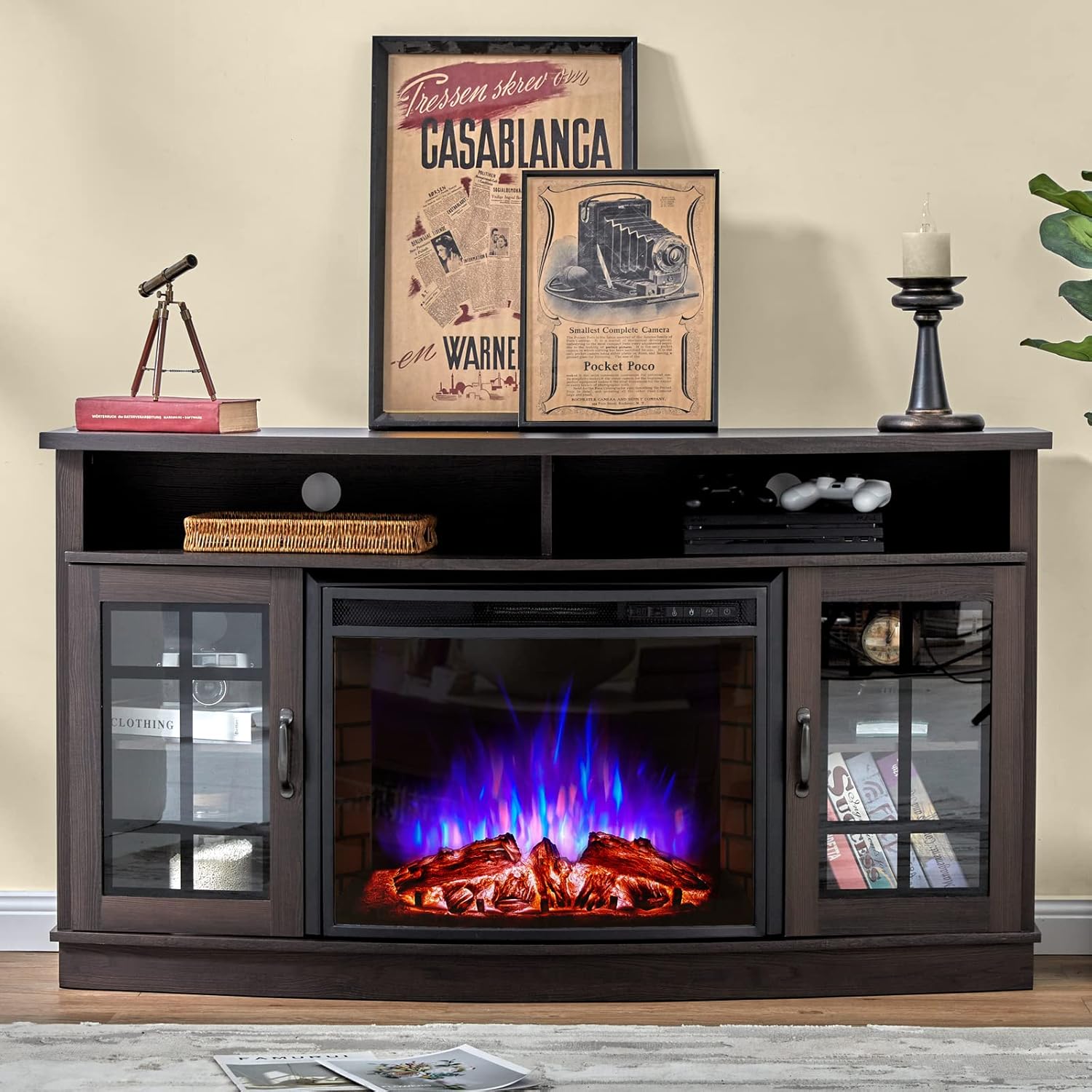 AMERLIFE Curved Fireplace TV Stand - 26'' Electric Fireplace, Farmhouse Glass Door, Espresso