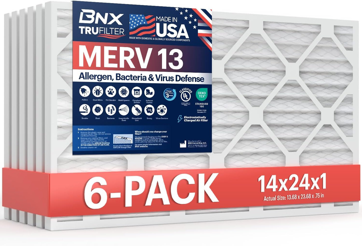 BNX TruFilter 14x24x1 MERV 13 Air Filter for Cleaner Air