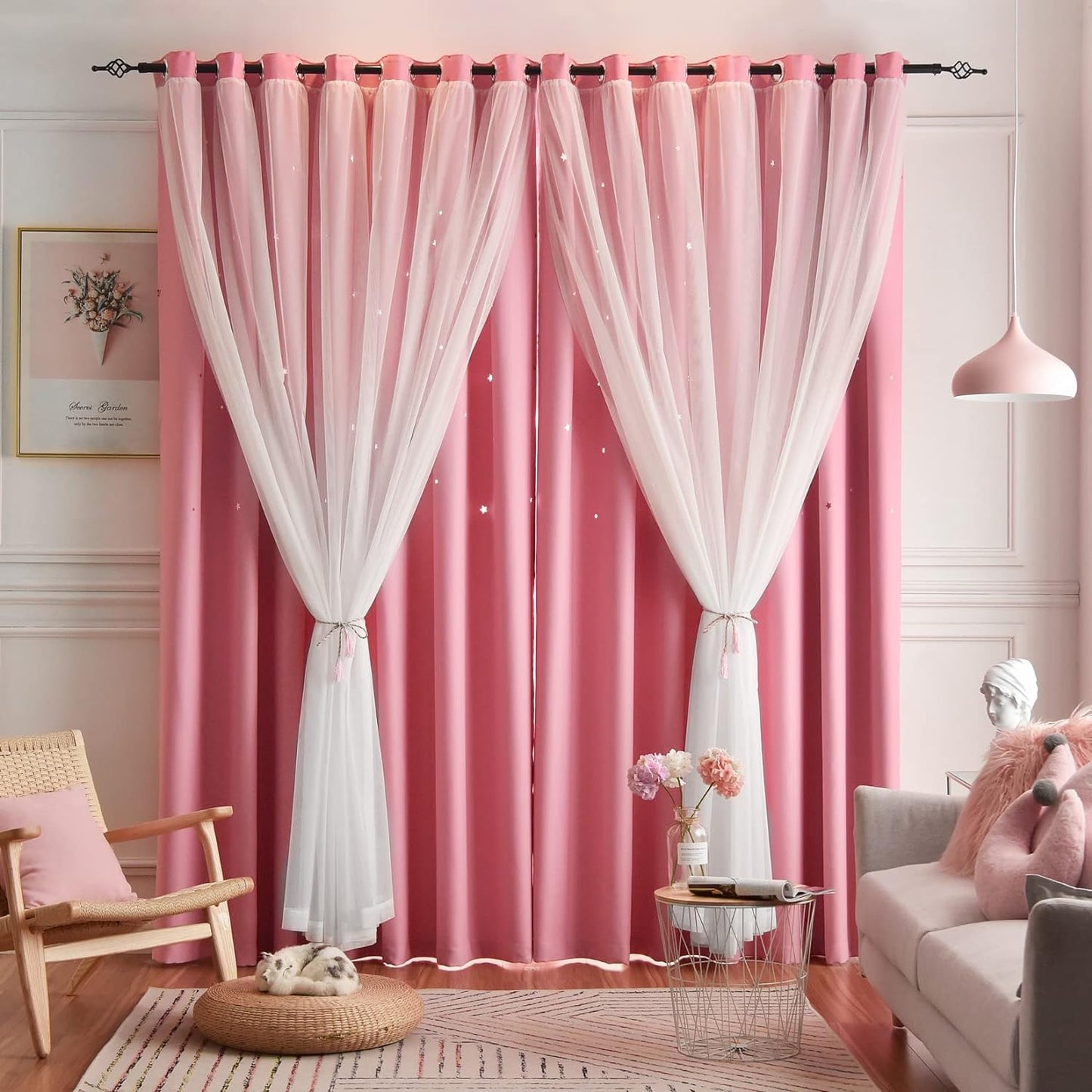 Star Blackout Curtains for Kids Room - 84 Inch Pink Panels