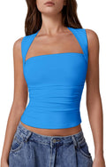 QINSEN Womens Square Neck Tank Top - Side Ruched Double Lined Crop