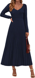 Women Sweater Dress Ribbed Knit Pleated A-Line Maxi - Elegant Fall