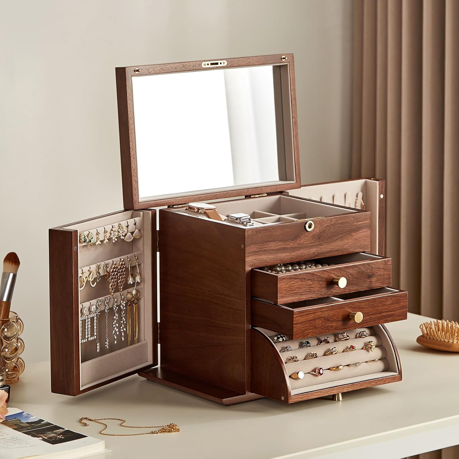 Black Walnut Wooden Jewelry Box with Mirror and Lockable Design