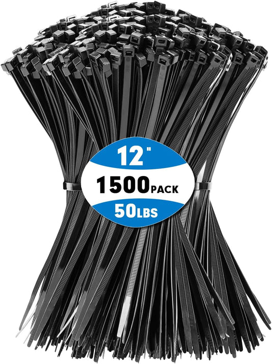 KAMOTA Heavy Duty 12 Black Zip Ties - 1500pcs Strong Self-Locking Cable Ties