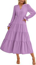 Long Sleeve V Neck Tiered A-Line Maxi Dress - Elegant Flowy Fit Casual