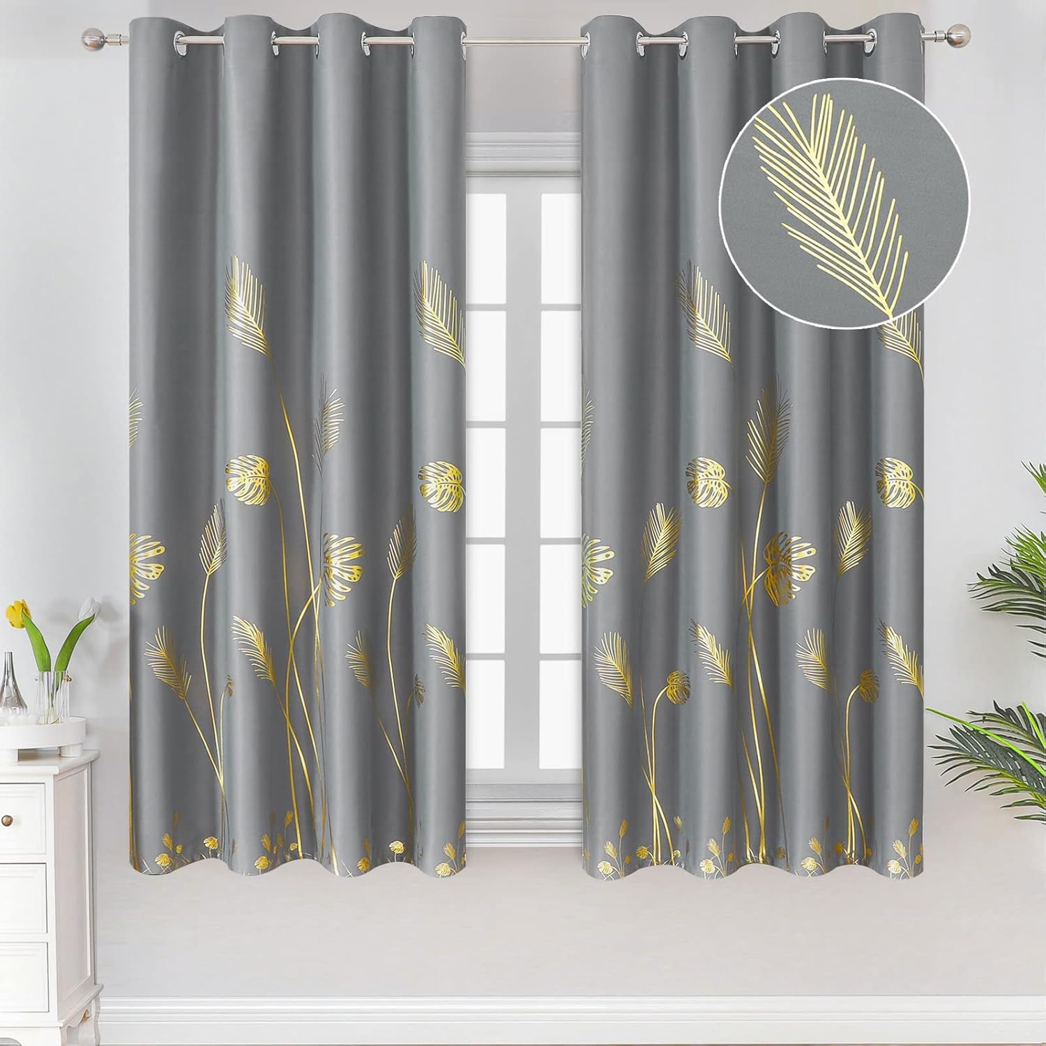Estelar Textiler Gold Palm Leaf Blackout Curtains for Bedroom