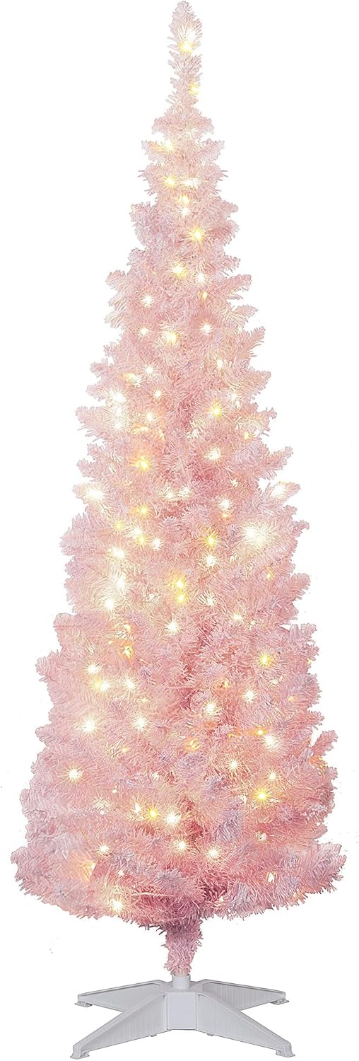 HOMCOM 5ft Tall Pre-Lit Slim Noble Fir Pencil Christmas Tree