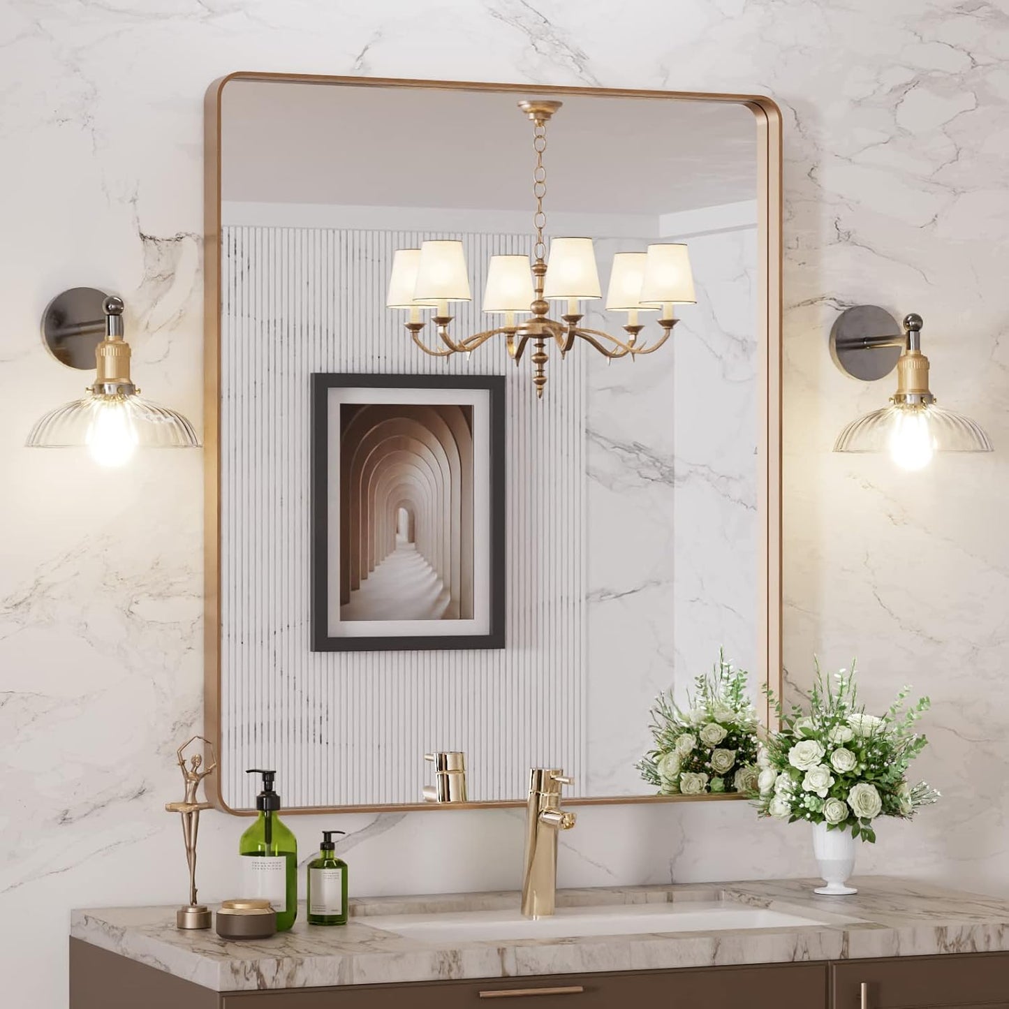 30X36 Gold Bathroom Mirror with Rounded Rectangle Frame Design