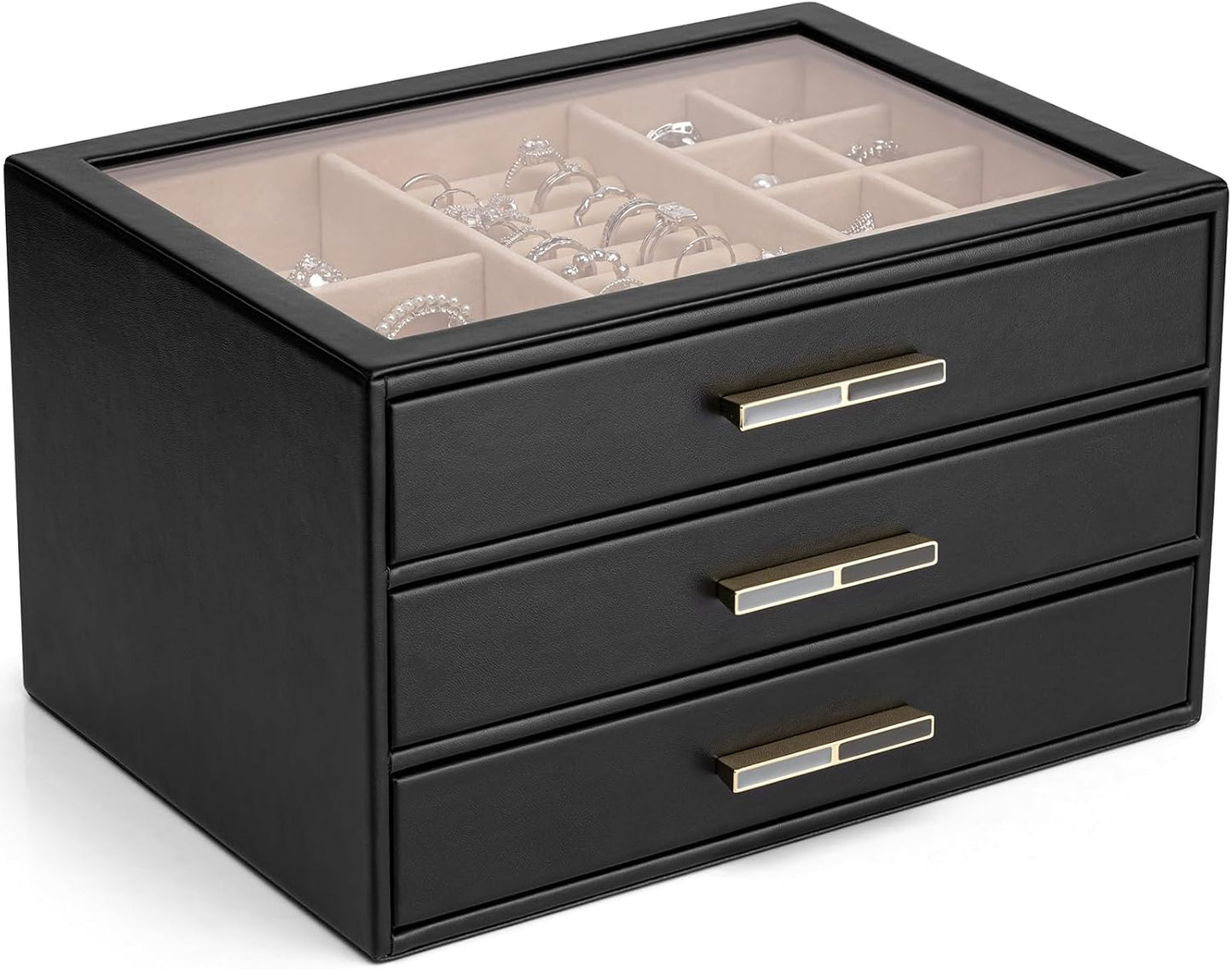 Vlando Jewelry Box for Women with Glass Lid and 3 Drawers
