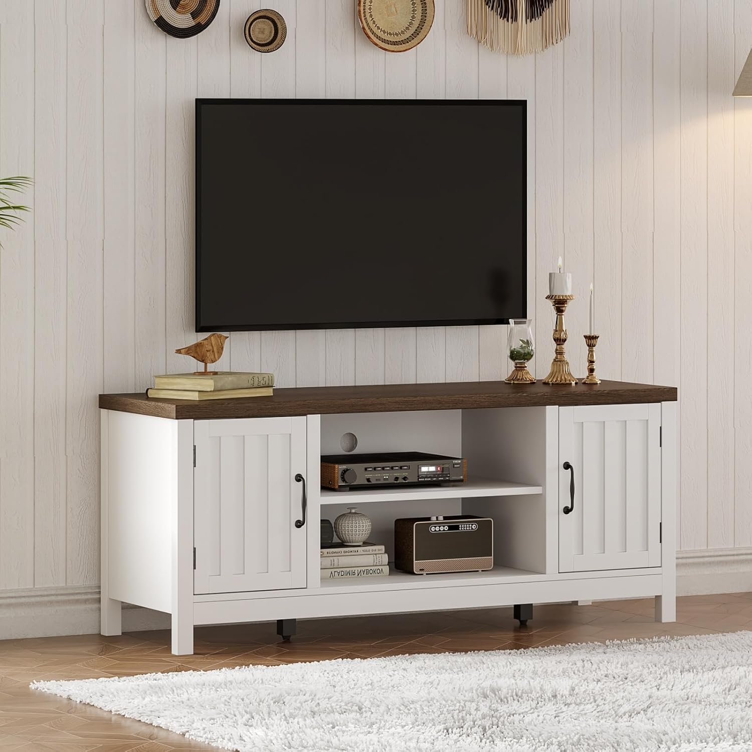 ChooChoo Rustic TV Stand, Farmhouse Style, Ample Storage, White