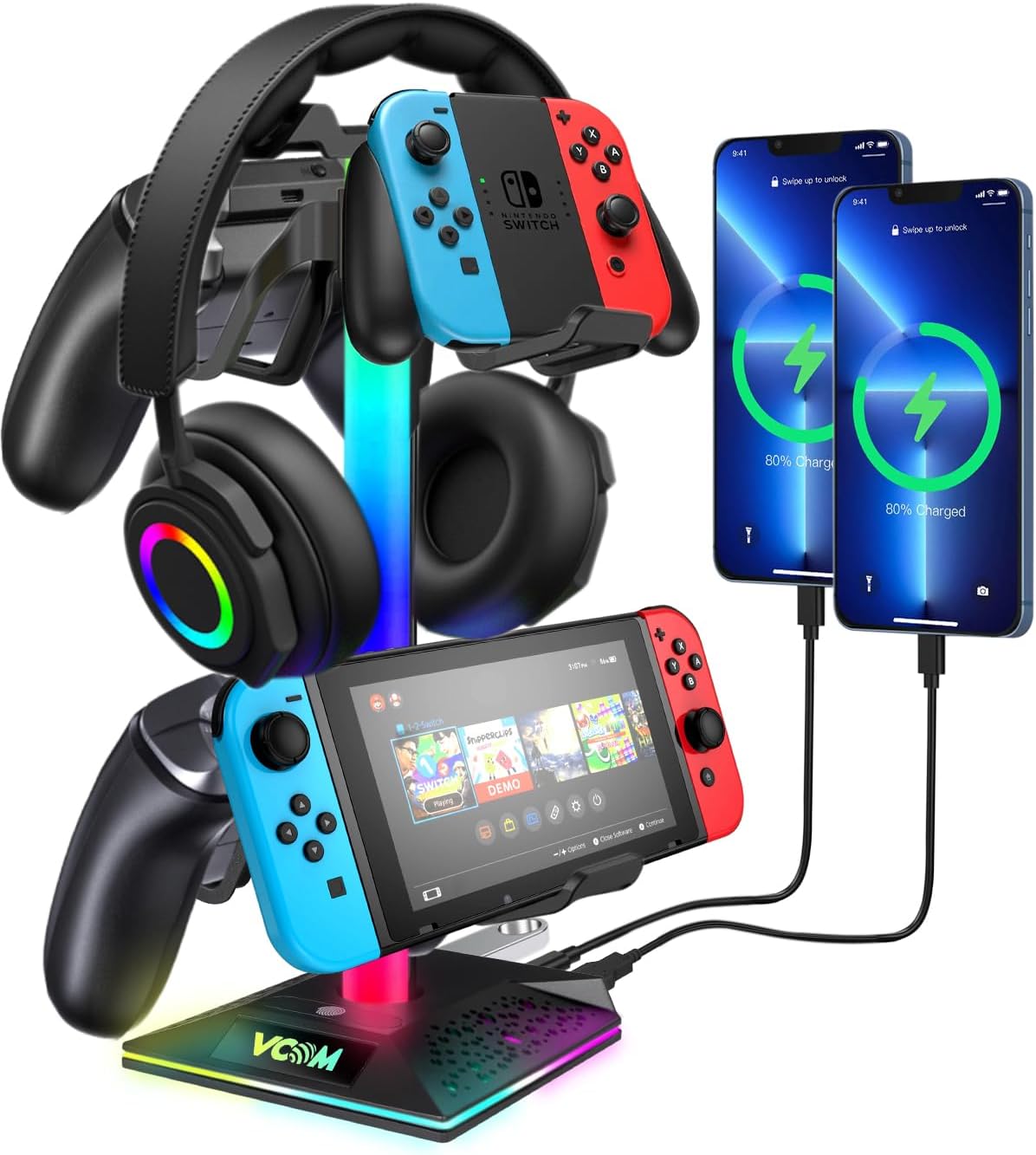 VCOM RGB Headphone Stand. 10 Light Modes, 2 USB, 1 Type-C. Desk Gamer's Essential