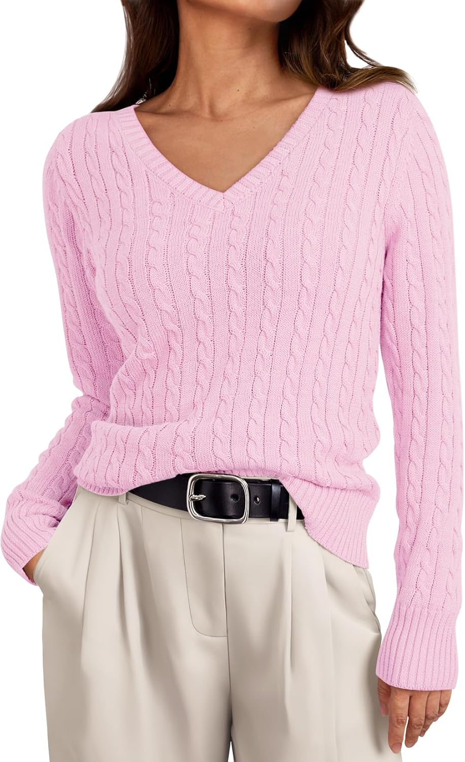 LILLUSORY Women's Cable Knit V Neck Lightweight Soft Pullover
