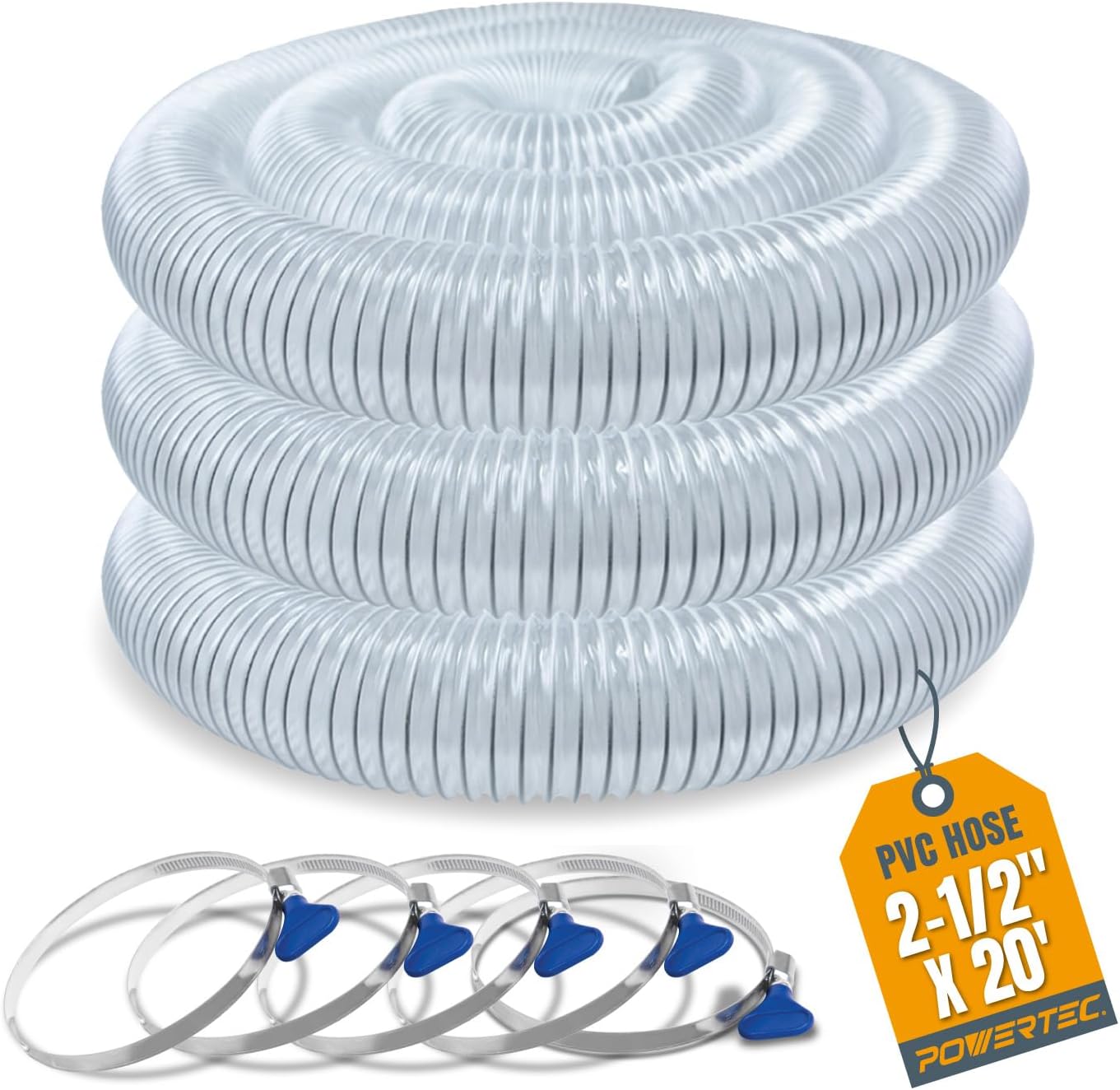 POWERTEC 2-1/2in x 20ft PVC Dust Collection Hose for Woodworking