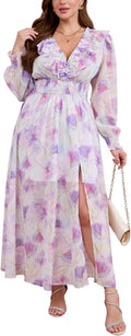 Plus Size Womens Chiffon Deep V Neck Long Sleeve Maxi Dress