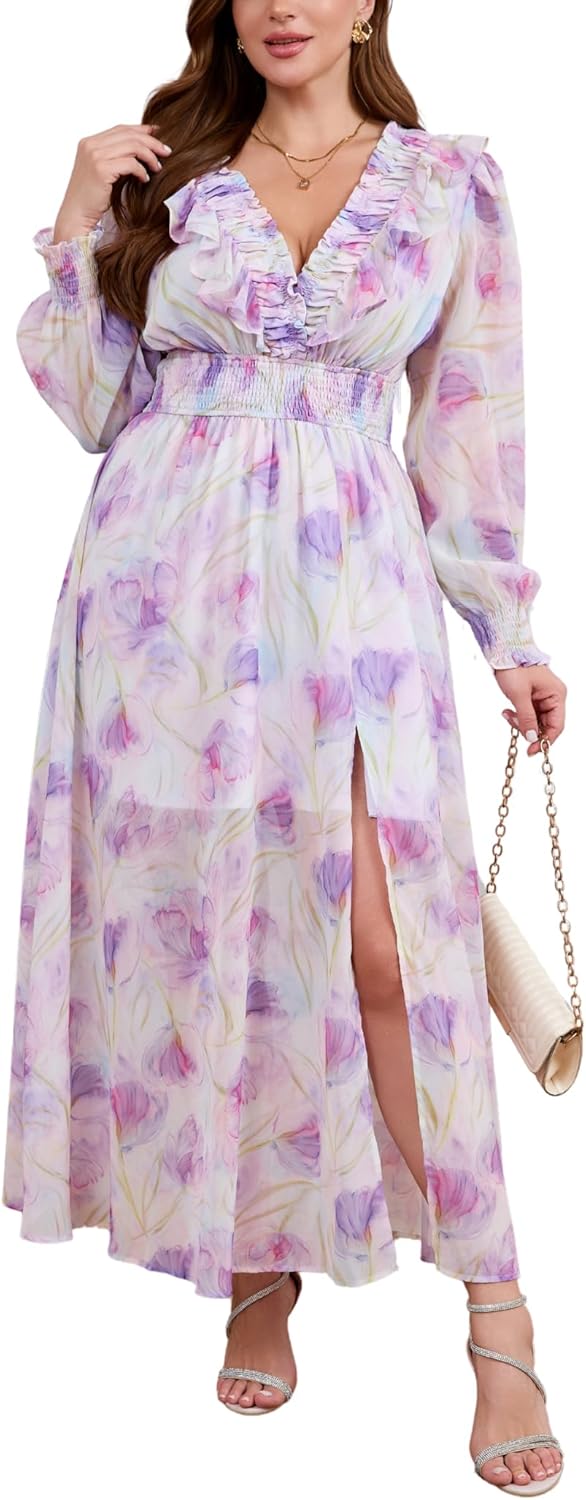 Plus Size Womens Chiffon Deep V Neck Long Sleeve Maxi Dress