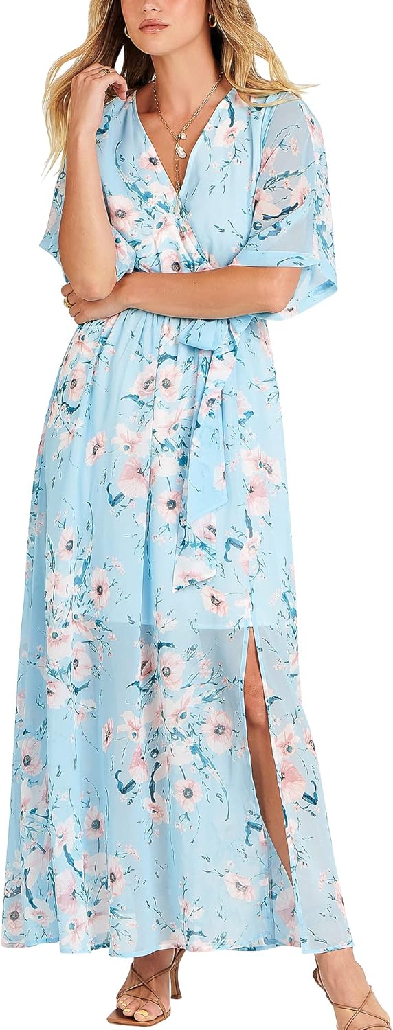 Boho Flowy Wrap V Neck Maxi Dress for Summer Weddings and Parties