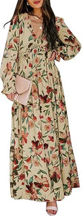 BLENCOT Womens Casual Floral Deep V Neck Long Sleeve Dress