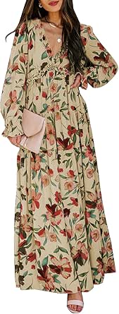 BLENCOT Womens Casual Floral Deep V Neck Long Sleeve Dress
