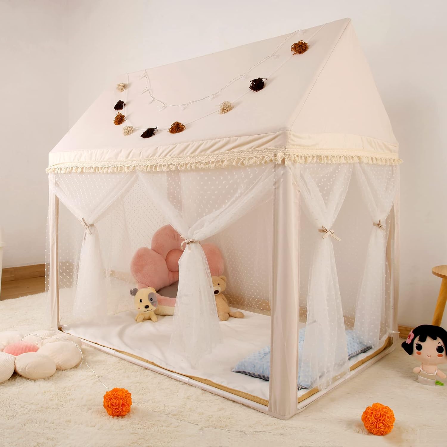 XIAOSHIHOU Large Kids Play Tent - Spark Imagination with Tassel Garland & Star Lights! 