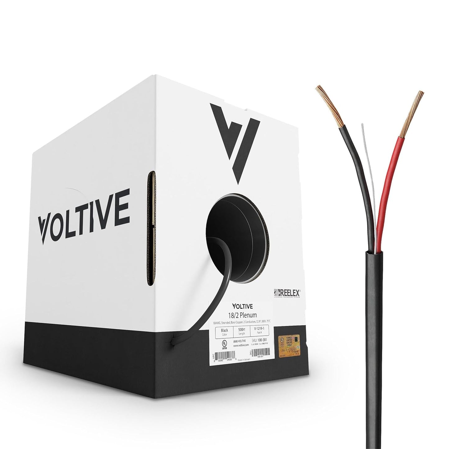 Voltive 18/2 Plenum Speaker Wire - 500ft OFC Cable for Safety