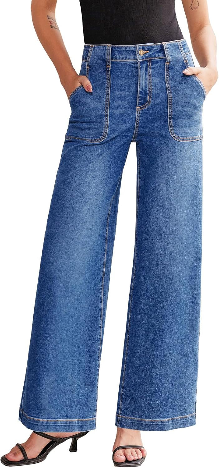 Sidefeel Womens Wide Leg Jeans High Waisted Stretchy Fit