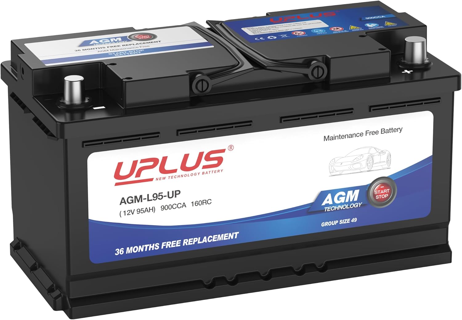 UPLUS BCI Group 49 Car Battery - Premium AGM 12V 95Ah Power