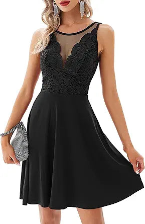 GRACE KARIN Women Sleeveless Lace Patchwork Deep V-Neck Dress