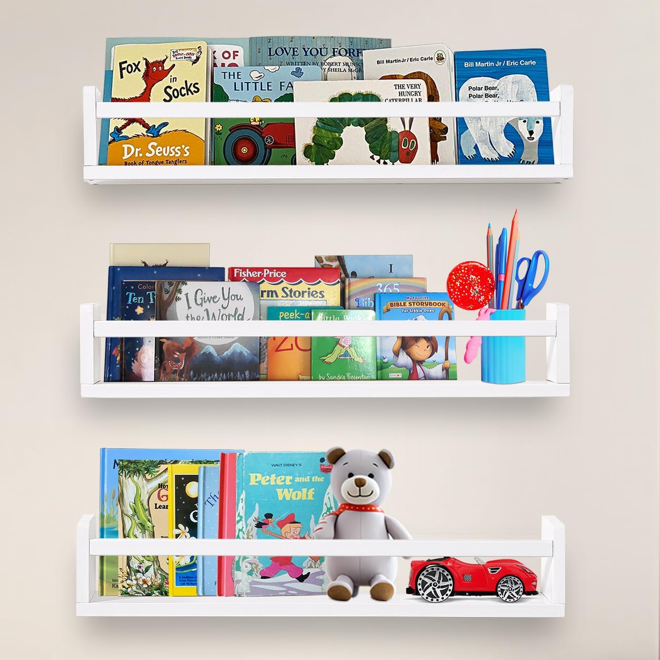Nursery Bookshelves White Set of 3 for Kids Room Storage
