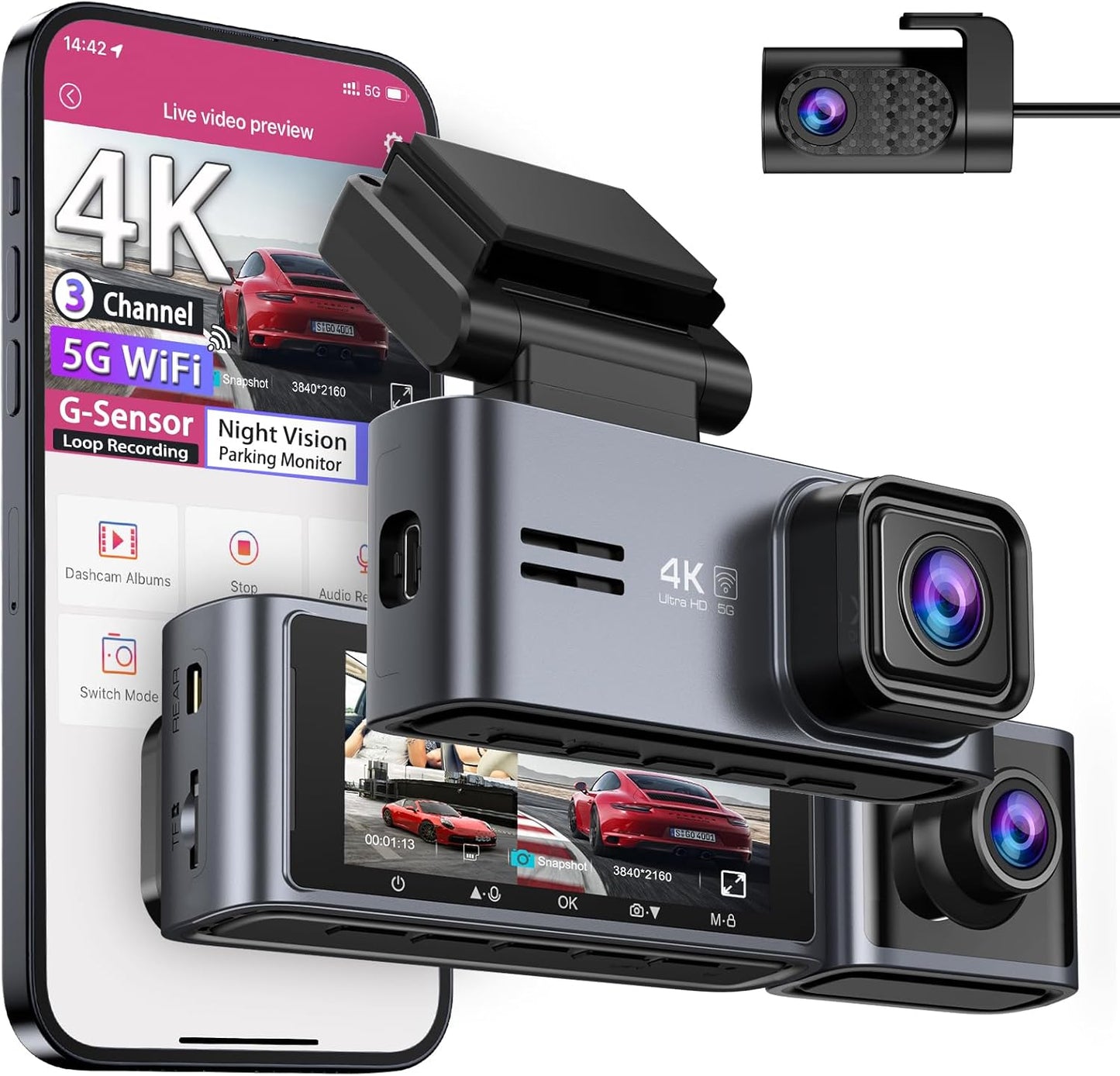 3 Channel Dash Cam with 5G WiFi and GPS for Ultimate Protection