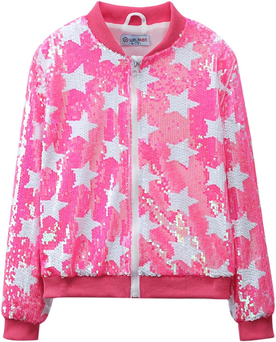 Girls' Ombre Sequin Bomber Jacket with Pockets for Kids