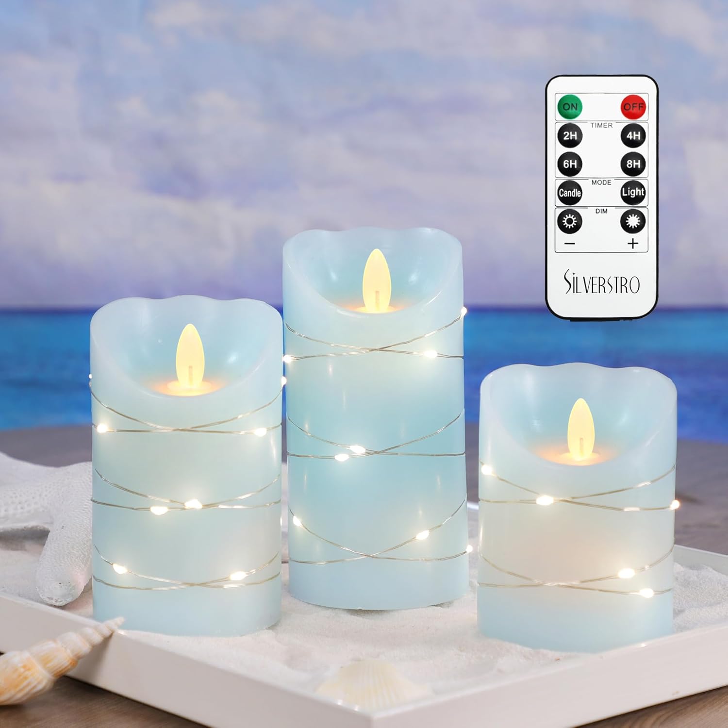Flameless Candles with String Lights for Ocean Decor Set of 3