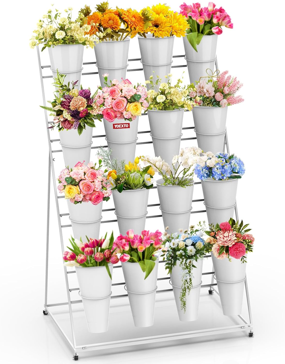 Flower Display Stand with 16 Buckets and Movable Design