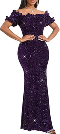 Women Sequin Off Shoulder Ruffle Sleeve Mermaid Bodycon Dress