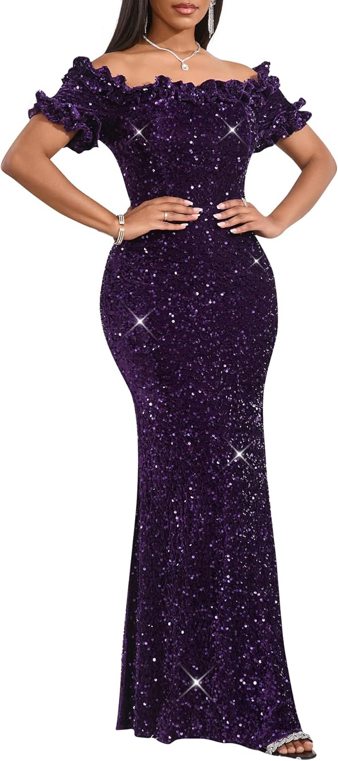 Women Sexy Sequin Off Shoulder Ruffle Bodycon Mermaid Dress