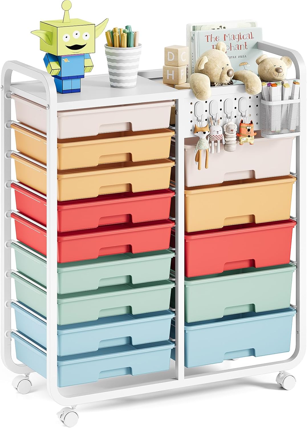 14 Drawer Rolling Cart with Tabletop & DIY Pegboard for Storage