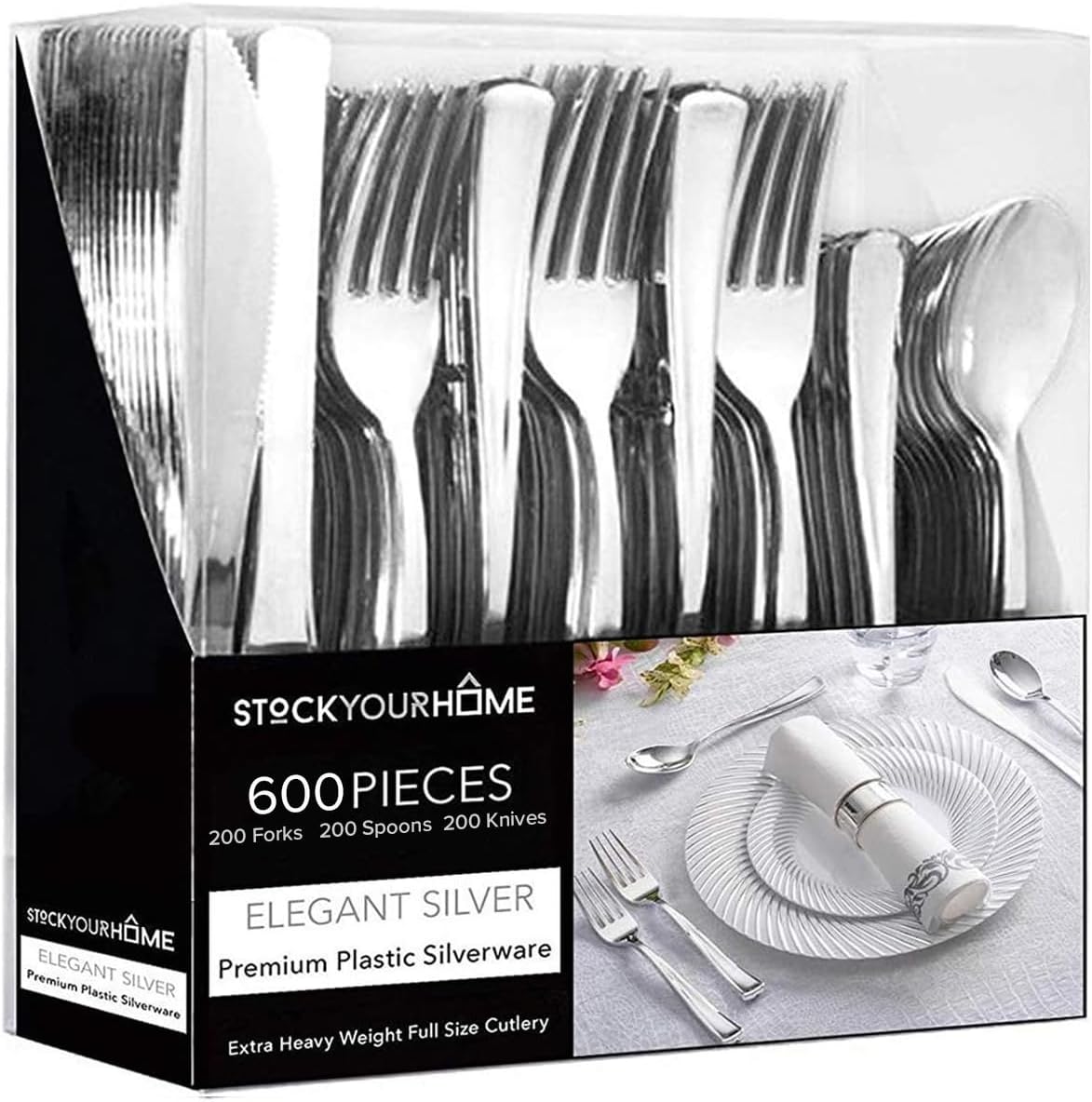 Silver Plastic Silverware Set for Parties, Weddings & Dinners