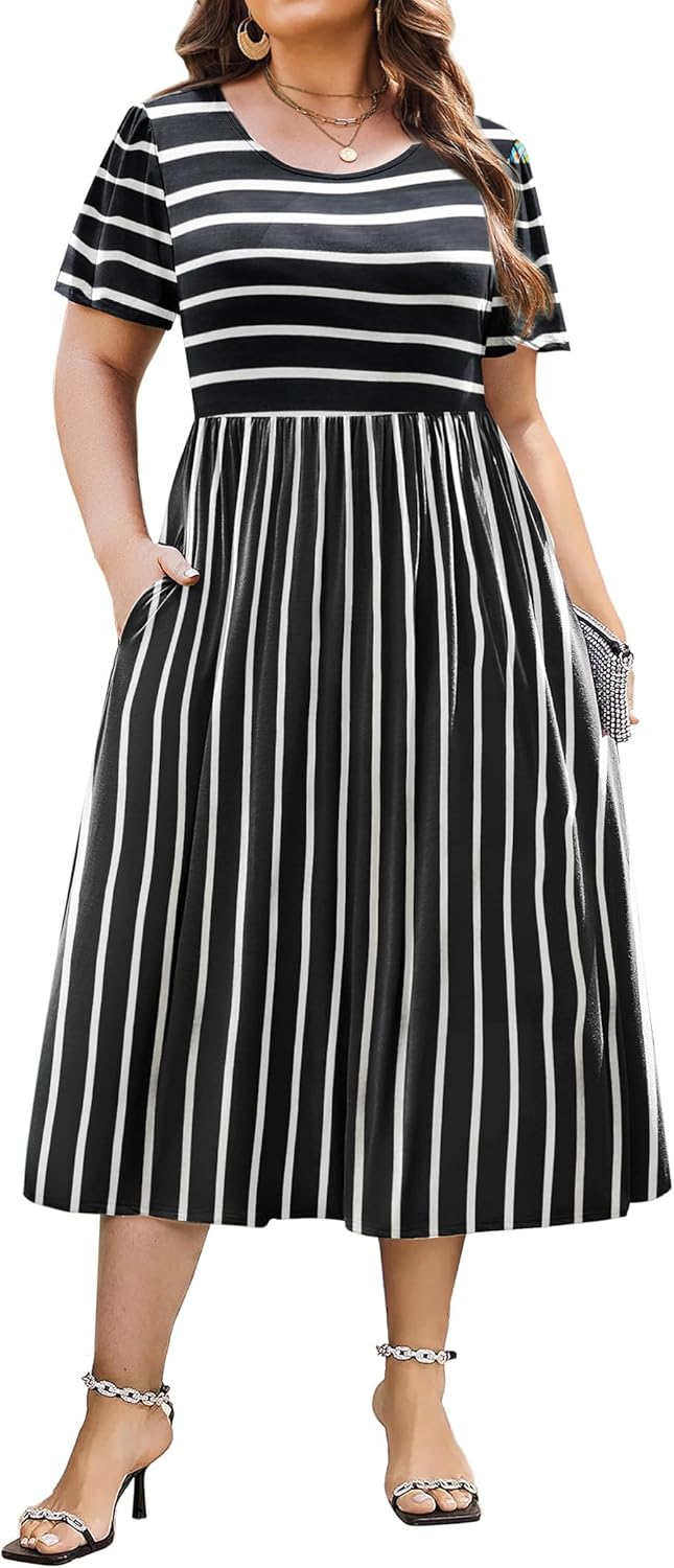 Plus Size Short Sleeve Midi Dress with Pockets for Women