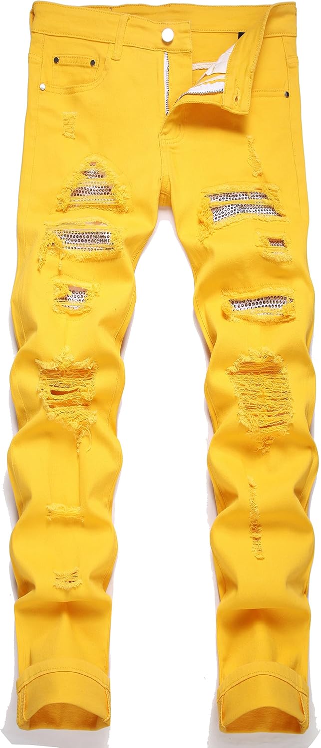 Men's Ripped Patch Elastic Jeans for Fashionable Slim Fit Style