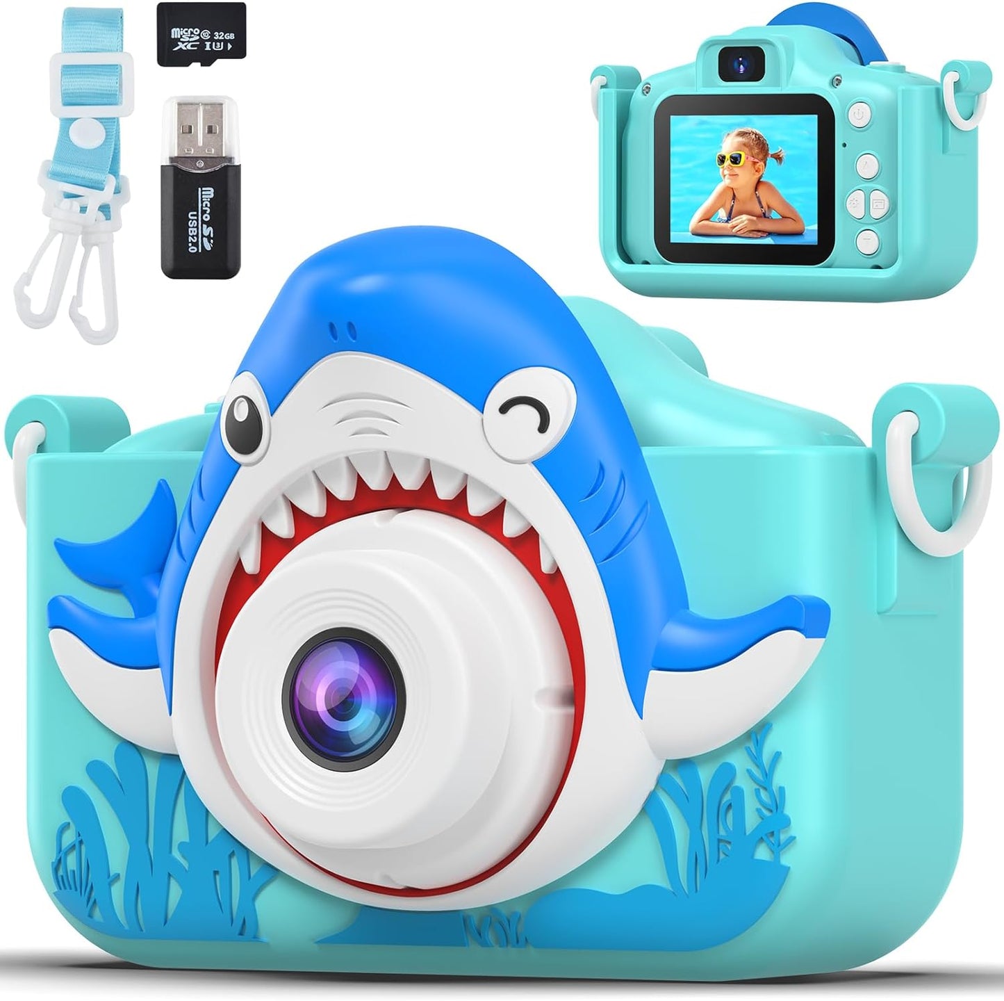 Shark Kids Camera with Cartoon Cover - Fun Personal Video Player