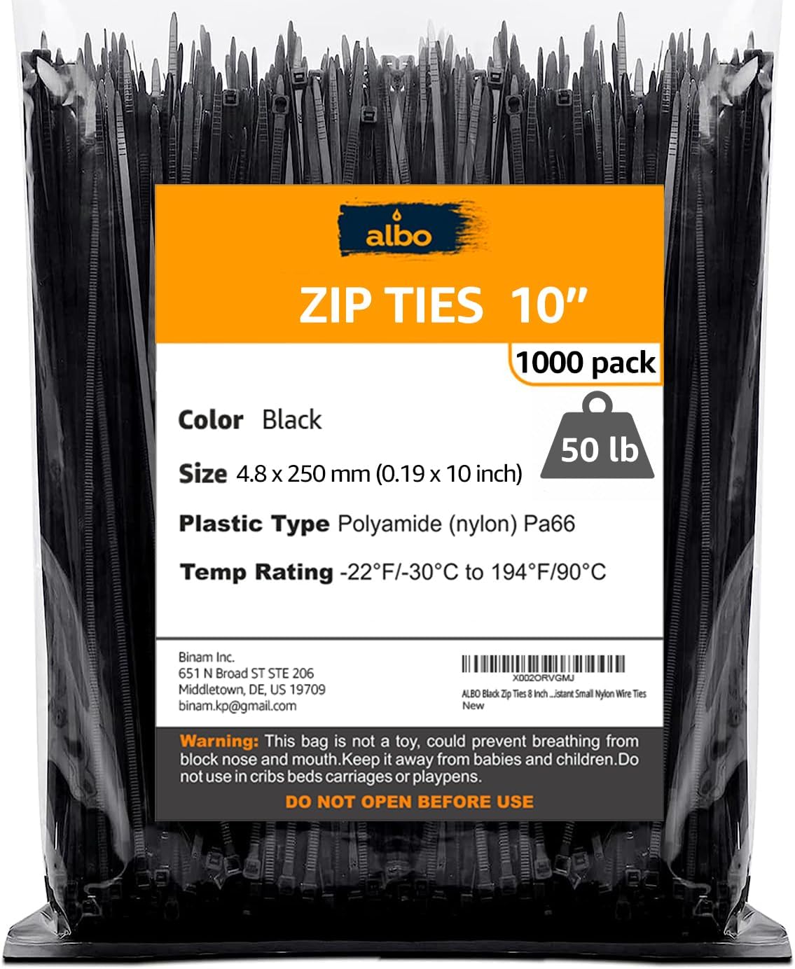 Albo 10 Inch Black Zip Ties 1000 Pack - Heavy Duty & UV Resistant
