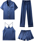 Silk Satin Pajama Set for Women 4-Piece Ruffled Sleepwear Set