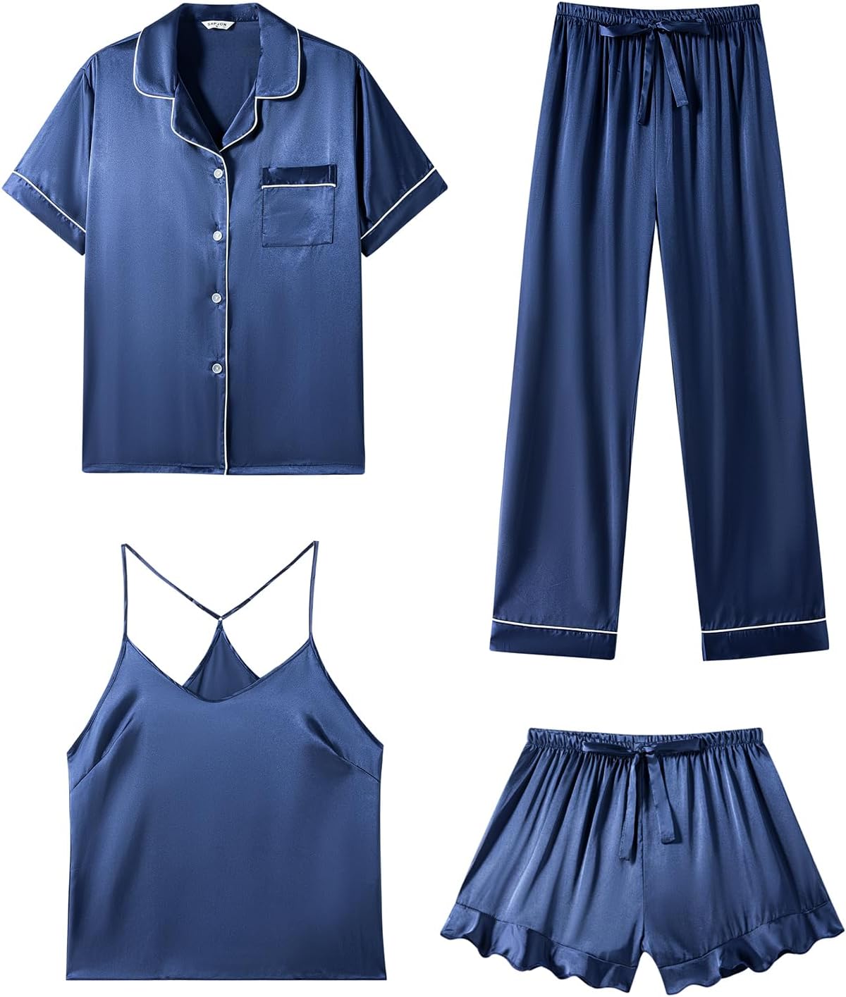 Luxurious SAPJON Silk Pajamas Set for Women - 4Pcs Ruffled Design