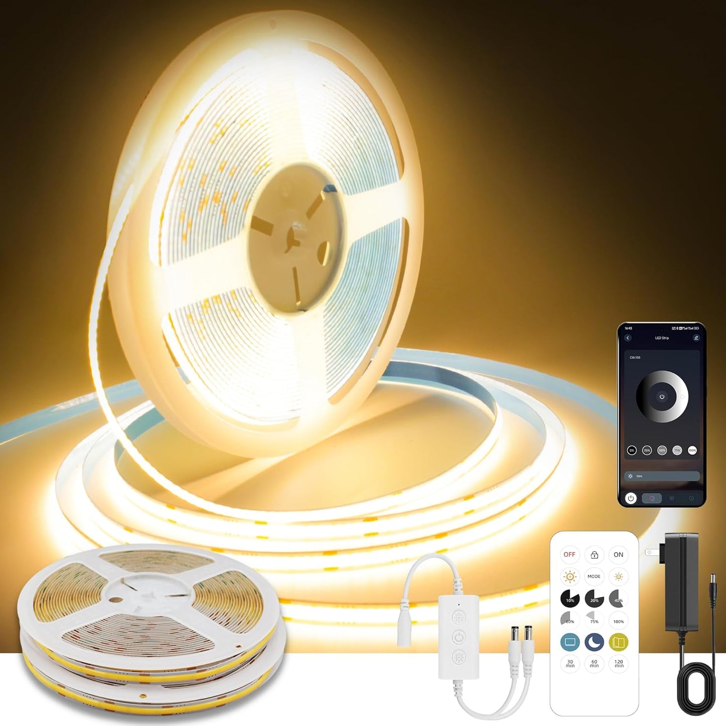 COB LED Strip Lights Warm White 24V Dimmable 50FT Flexible