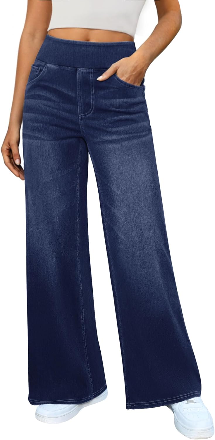 Women's Wide Leg Jeans High Waisted Stretchy Denim Pants
