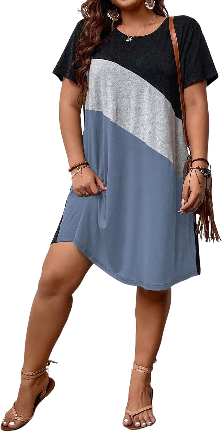 SOLY HUX Women's Plus Size Color Block Short Sleeve Dress