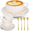 8oz Cappuccino Cups Set of 4 with Saucers and Gold Spoons - Elegant