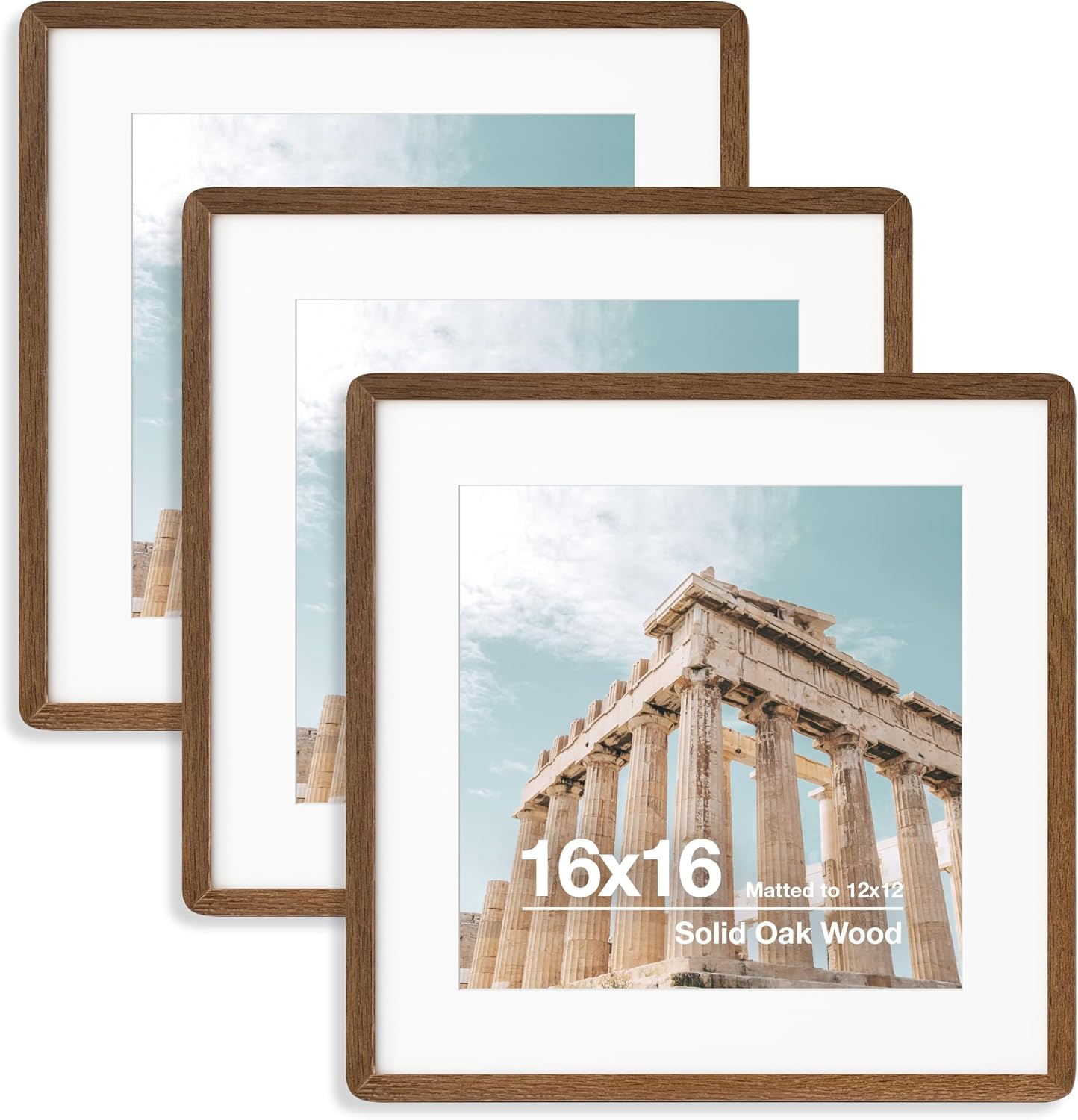 16x16 Solid Oak Wood Frame for 12x12 Picture - 3 Packs