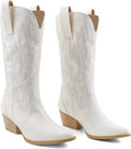 Women Mid-Calf Cowboy Boots with Embroidered Pointy Toe - Chunky Heel