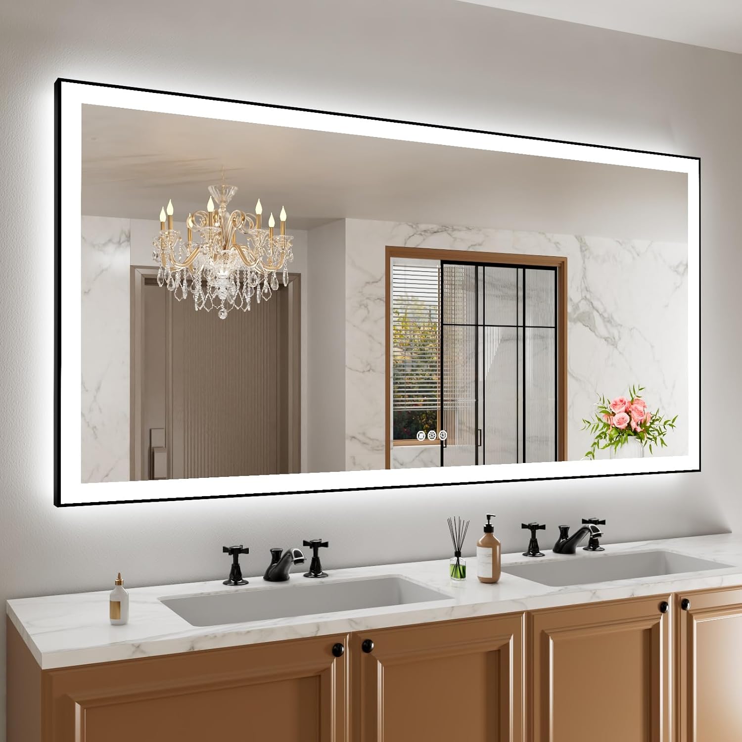 LED Bathroom Mirror with Black Frame and Anti-Fog Features