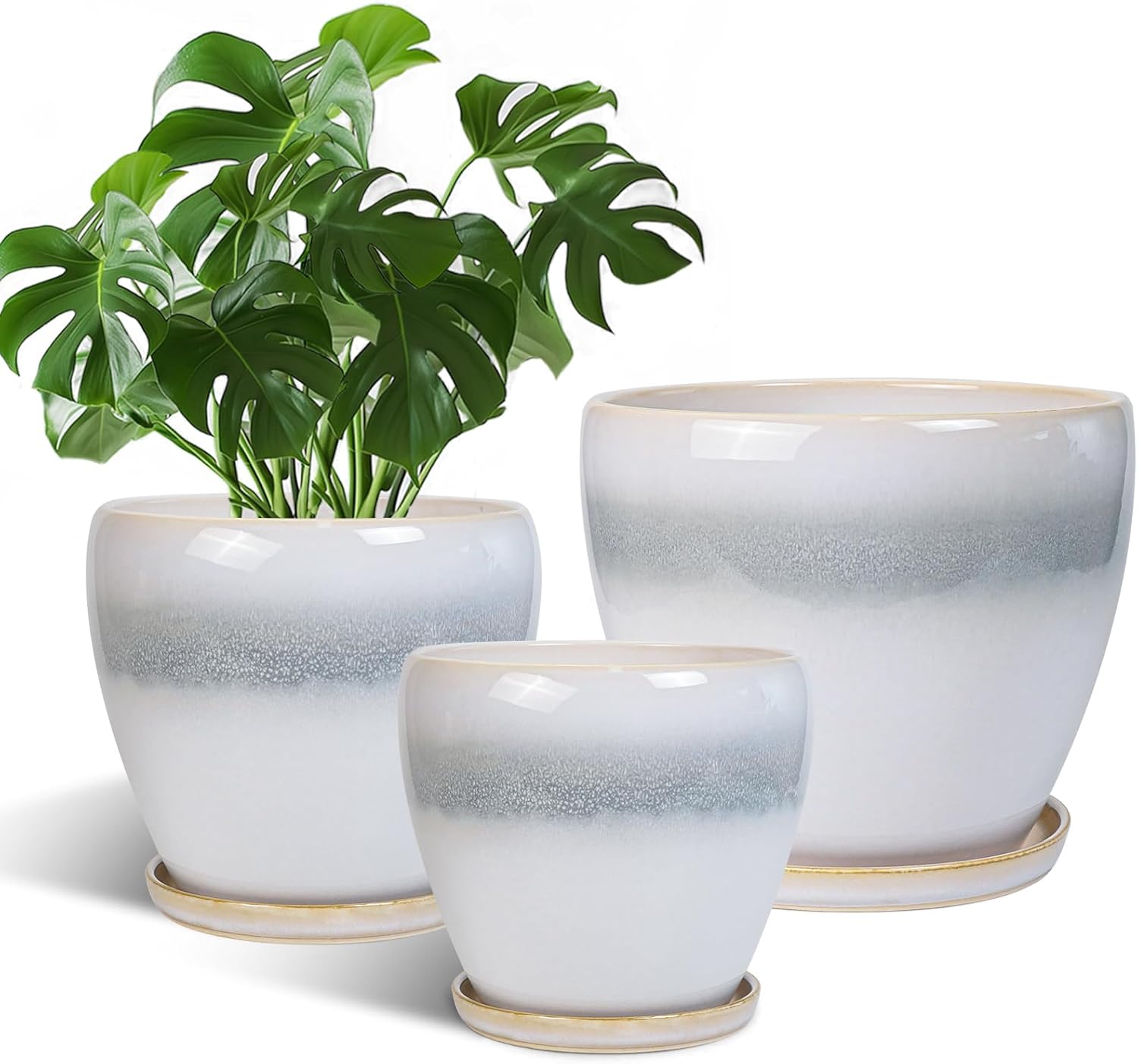 Ceramic Plant Pots Set of 3 - Modern Round Planters for Home