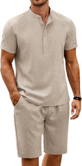 Men's 2 Piece Linen Henley Short Set - Lightweight Summer Outfit